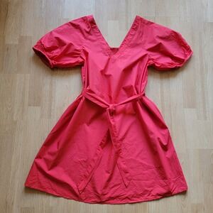 Banana Republic Red Puff Sleeve V-Neck Cotton Poplin Mini Dress Small Pockets